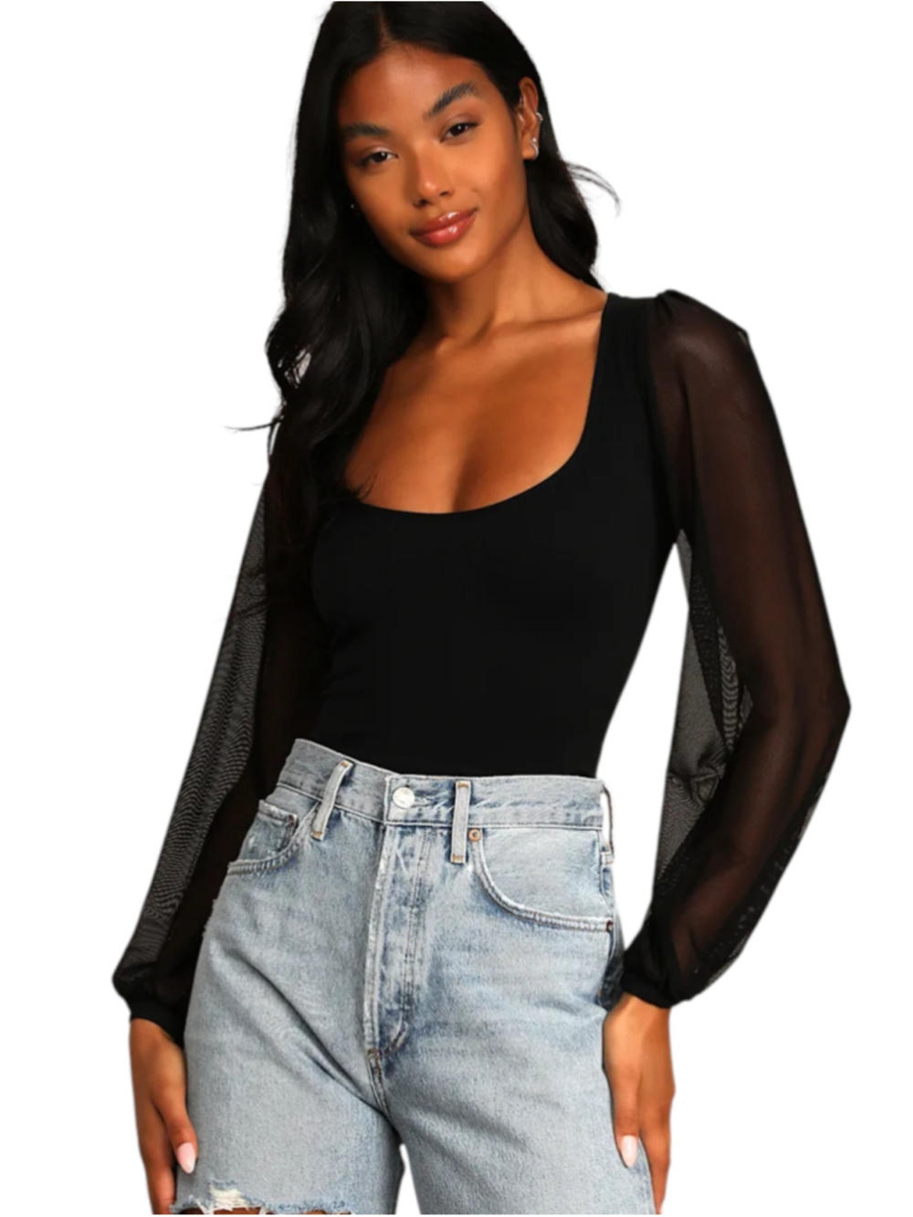 Free People Intimately Black Mesh Balloon Sleeve Top Medium M/L